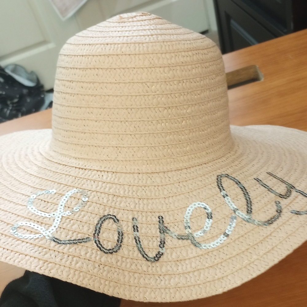 Sequined 'Lovely' Wide Brim Straw Sun Hat - Women - Beige